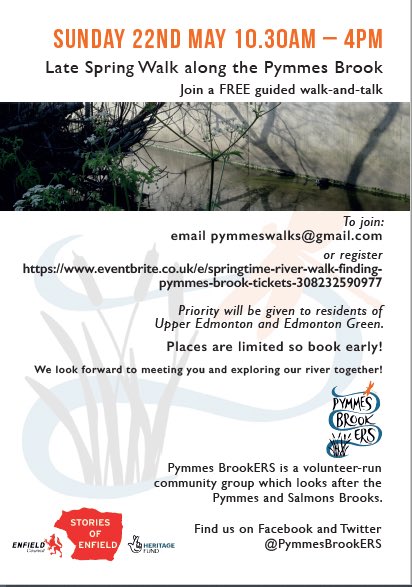 The @PymmesBrookERS @AlisonJArcher are making a film about the Pymmes brook and want to talk to you about it. Join them on a walk of the river on 22nd May #StoriesofEnfield @ @HeritageFundL_S