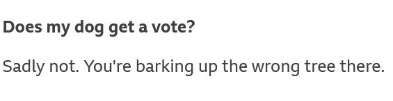 JoshLMilburn's tweet photo. BBC News asking (and answering) an important question about #dogsatpollingstations, a wonderful British election tradition:
'Does my dog get a vote?
Sadly not. You're barking up the wrong tree there.'
Not YET.
#animalrights https://t.co/TylxudpcGs