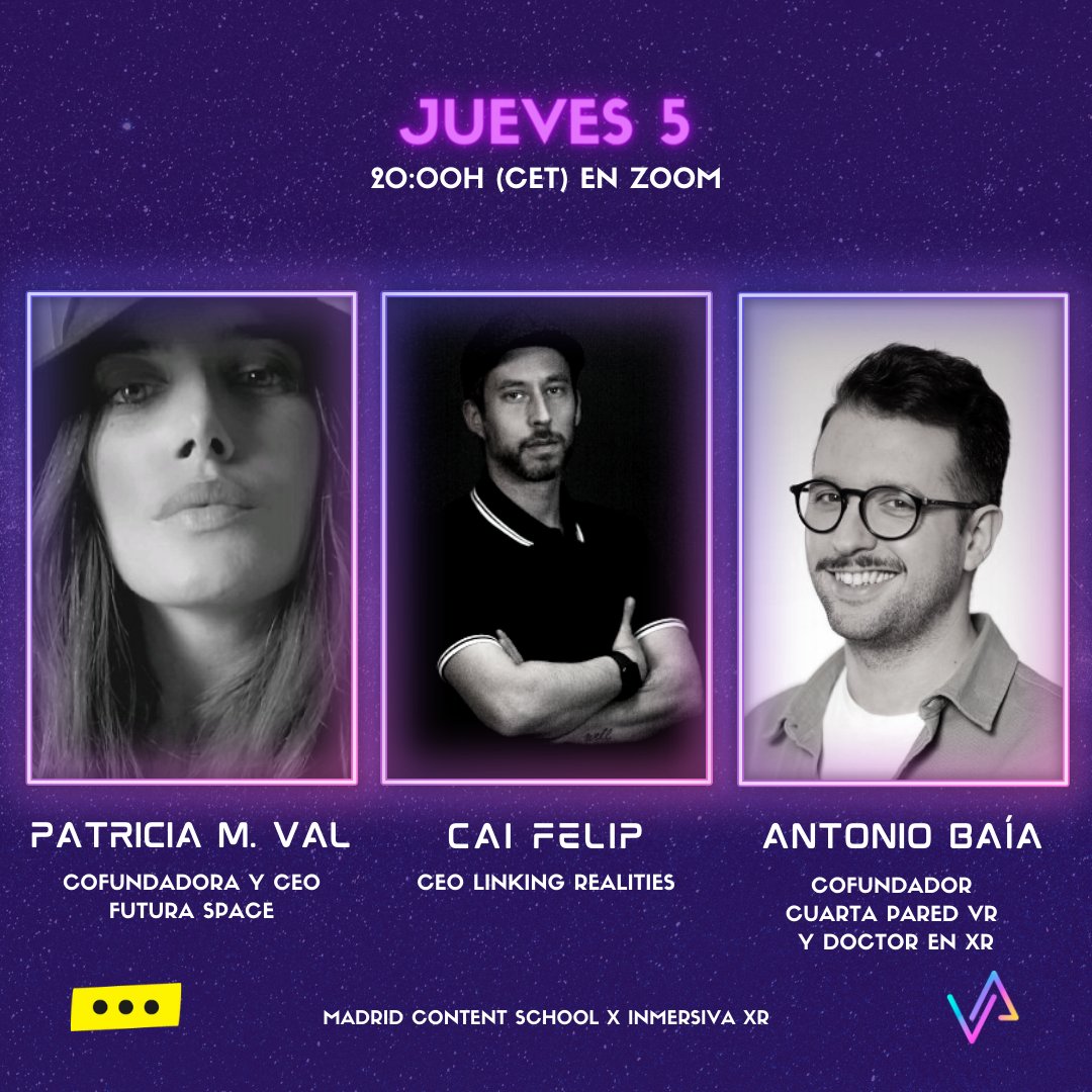 Madrid Content School... (@mcontentschool) on Twitter photo 💥 Último día del Metaverso Week 💥 Hoy tenemos una cita a las 20:00h con Patricia M de <a href="/futura_space/">FUTURA SPACE ☄</a>, <a href="/caifelip/">Cai Felip | caicrucial.eth</a> de <a href="/UnionAvatars/">Union Avatars</a> y <a href="/antoniobaiareis/">António Baía Reis, PhD</a> de la <a href="/CuartaPared_VR/">Cuarta Pared</a> donde podrás resolver todas tus dudas sobre el #Metaverso
Regístrate gratis en lnkd.in/ea8iRYVD 💥 Último día del Metaverso Week 💥 Hoy tenemos una cita a las 20:00h con Patricia M de <a href="/futura_space/">FUTURA SPACE ☄</a>, <a href="/caifelip/">Cai Felip | caicrucial.eth</a> de <a href="/UnionAvatars/">Union Avatars</a> y <a href="/antoniobaiareis/">António Baía Reis, PhD</a> de la <a href="/CuartaPared_VR/">Cuarta Pared</a> donde podrás resolver todas tus dudas sobre el #Metaverso
Regístrate gratis en lnkd.in/ea8iRYVD