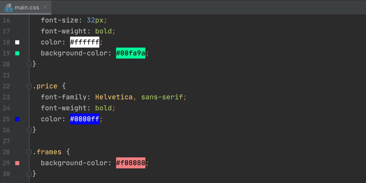WebStormIDE's tweet image. #WebStormTip You can set the color you&apos;re using in the stylesheet as a background for the color value – enable this option in Preferences / Settings | Editor | General | Appearance.