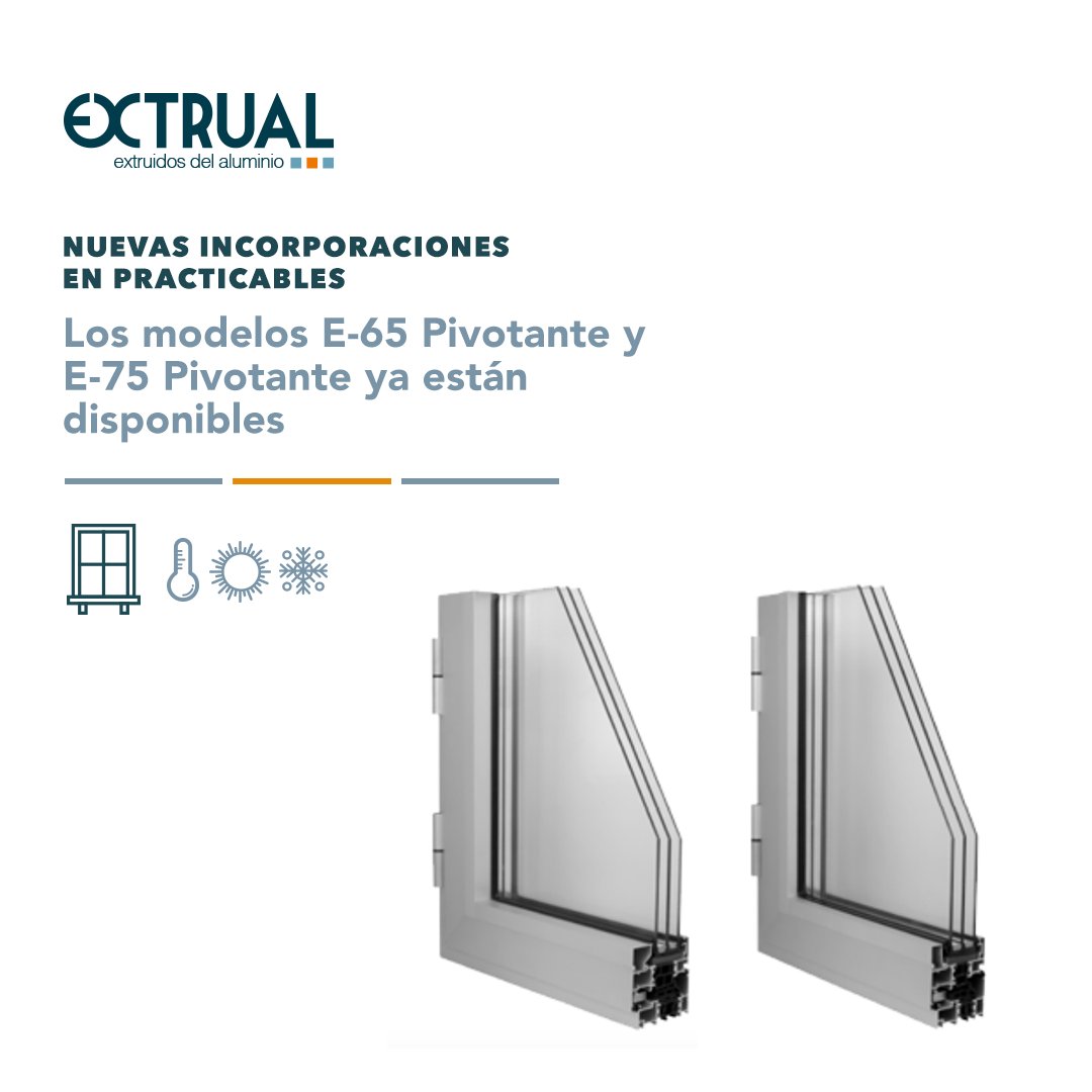 Nuevos modelos Pivotantes E-65 y E-75P que añaden la apertura pivotante vertical y horizontal con la posibilidad de cierre perimetral en ventanas, balconeras o puertas con #RoturaPuenteTérmico hasta 120Kg.

Datos técnicos: extrual.com/es/sistemas-ex… extrual.com/es/sistemas-ex…