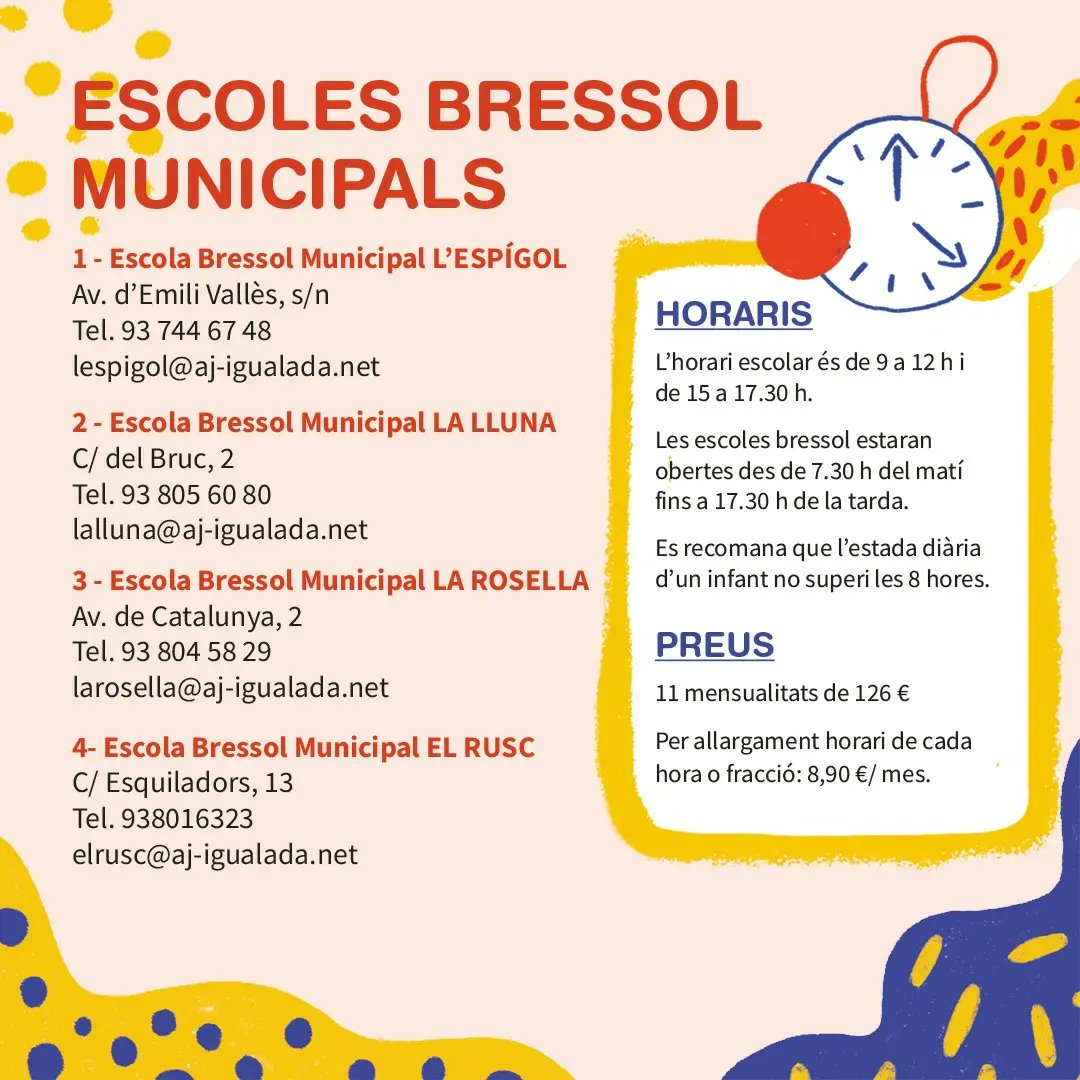 EnsenyamentIgd's tweet photo. Del 10 al 23 de maig s'obrirà el període de preinscripcions a les #escolesbressolmunicipals d'Igualada.

La sol•licitud és online, però pots demanar cita prèvia per fer-la presencialment ➡️ 93 803 19 50 ext: 2237

Si vols més informació, consulta els enllaços de la biografia! 👀 https://t.co/gkrqiV2WAx