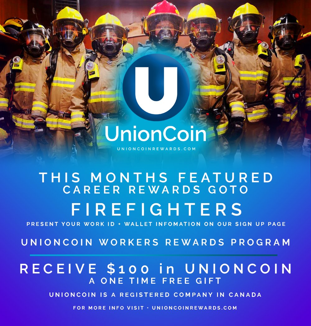#UnionCoin 🌐 Workers Reward Program
This Months Featured Career Rewards Goto... 

Fire Fighters 🚒🔥🧯🤝

Thank you for your daily sacrifice and service!

Receive $100 🥳 in #UnionCoin
A One time FREE Gift!

Photo + ID Required

For More Info Visit Us 
UnionCoinRewards.com 🌐
