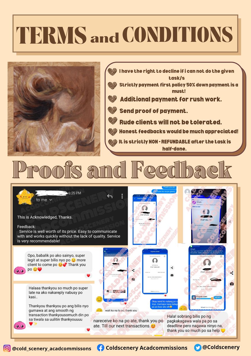 Hello guys! I am a 3rd year college student, if need ninyo po ng help about acads-related. Just send me a message, and here's my commission and some feedback!