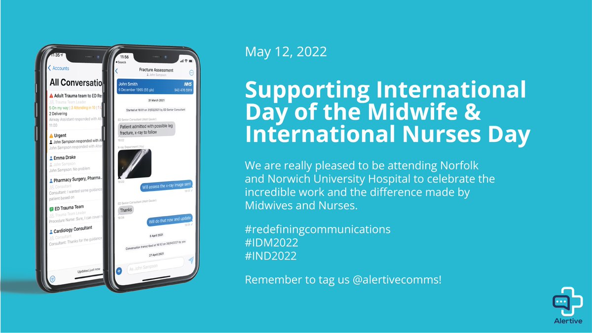 AlertiveLtd's tweet photo. Happy International Day of the Midwife #IDM2022 

We are pleased to be attending @NNUH on the 12th of May to celebrate the incredible work and difference made by Midwives. Thank you for all you do! 

#IDM2022 #midwives #midwivesday #redefiningcommunications https://t.co/IQdM2VVq1O