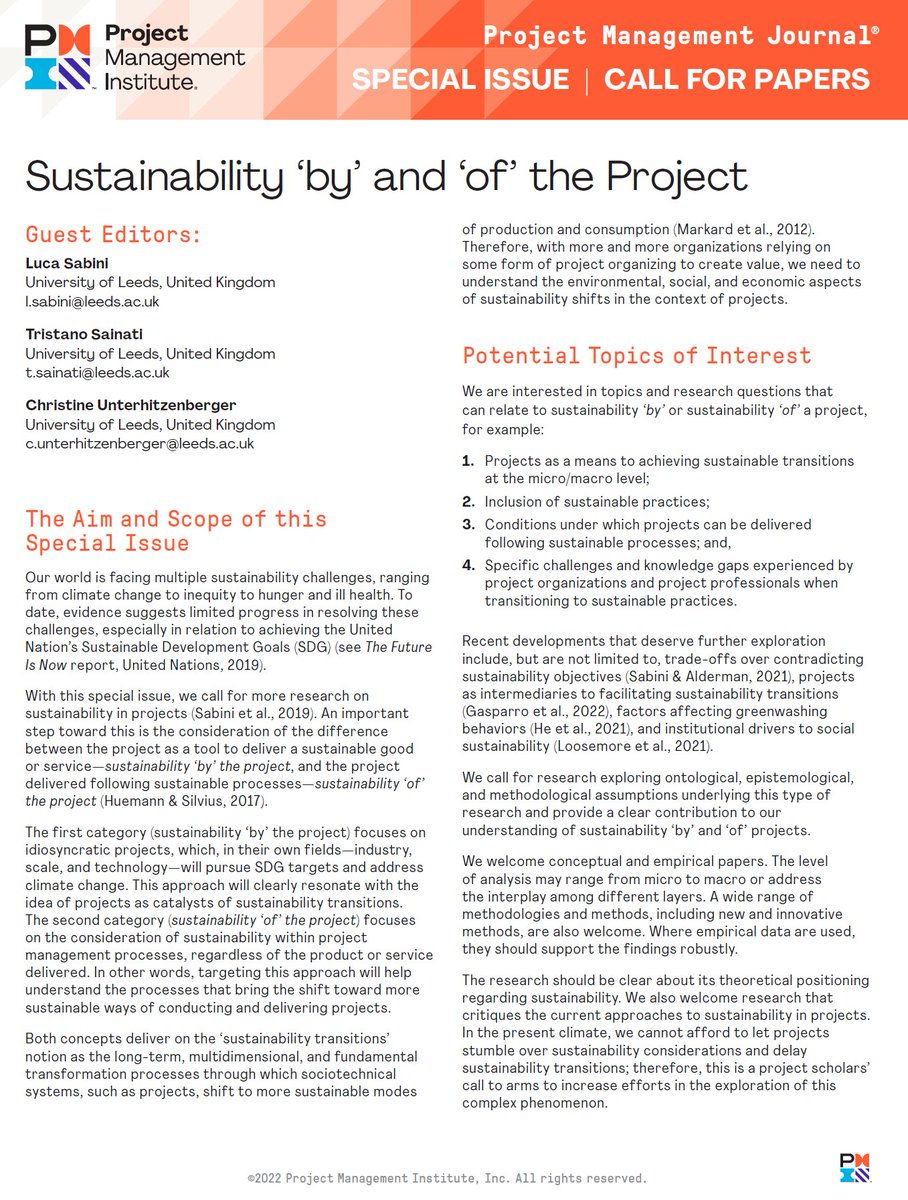 Luca Sabini (@lucasabini) on Twitter photo I am pleased to present a new <a href="/PMJ_editors/">Project Management Journal</a> CfP with <a href="/tsainati/">Tristano Sainati</a> and <a href="/christine_uhb/">Dr Christine Unterhitzenberger</a> focusing on #sustainability.
This is a project scholars’ call to systematise our efforts in the exploration of this complex phenomenon - please join the conversation! I am pleased to present a new <a href="/PMJ_editors/">Project Management Journal</a> CfP with <a href="/tsainati/">Tristano Sainati</a> and <a href="/christine_uhb/">Dr Christine Unterhitzenberger</a> focusing on #sustainability.
This is a project scholars’ call to systematise our efforts in the exploration of this complex phenomenon - please join the conversation!