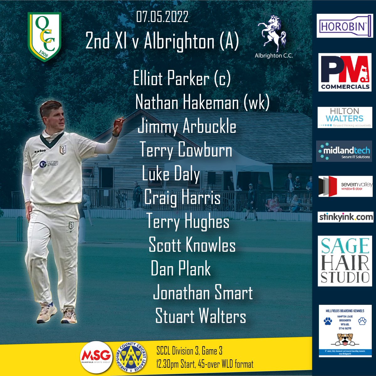 QuattCC's tweet photo. Teams for this Saturday's @mansfieldsportg @ShropCCLeague games are in:
1st XI host @AllscottHeathCC 
2nd XI travel to @AlbrightonCC 
3rd XI visit @corvedaleccc 

We also travel to @pelsallcc on Sunday in the @TheCricketerNVC National Village Cup

#cricket #villagecricket https://t.co/KTNg9WmQBb