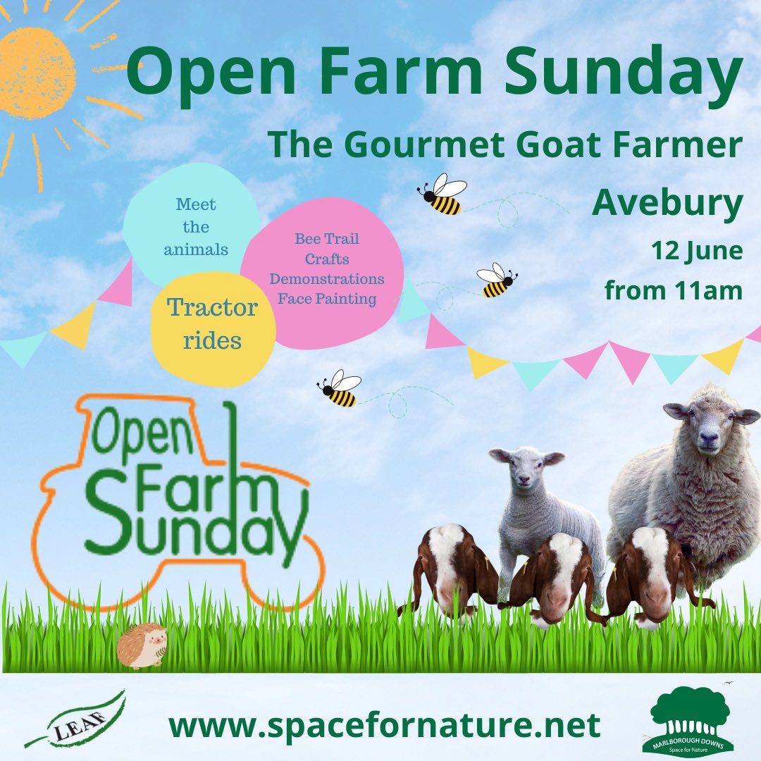 OPEN FARM SUNDAY June 12th 
At The Gourmet Goat Farmer, Avebury 
Fun for all the family. 
Head to our website for tickets. Link in bio. 
<a href="/LEAF_Farming/">LEAF</a> 
<a href="/SpaceForNature/">Marlborough Downs NEP</a> 
#FarmLife 
#OpenFarmSunday