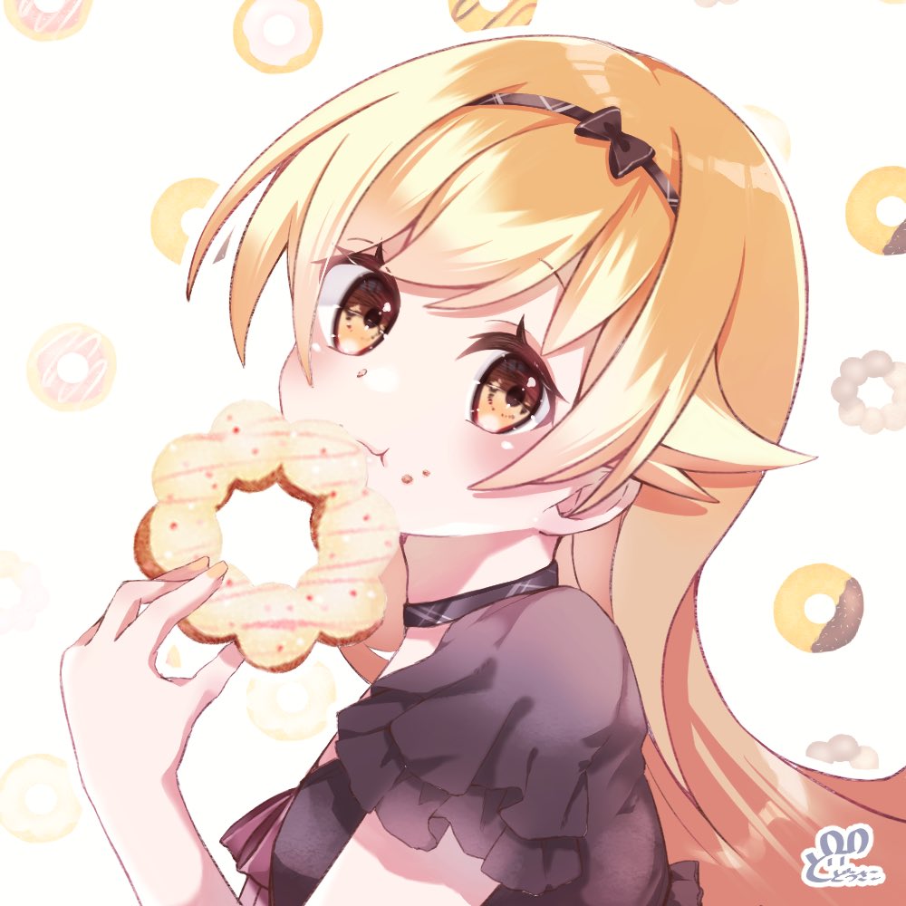 oshino shinobu 1girl doughnut blonde hair solo food long hair eating  illustration images