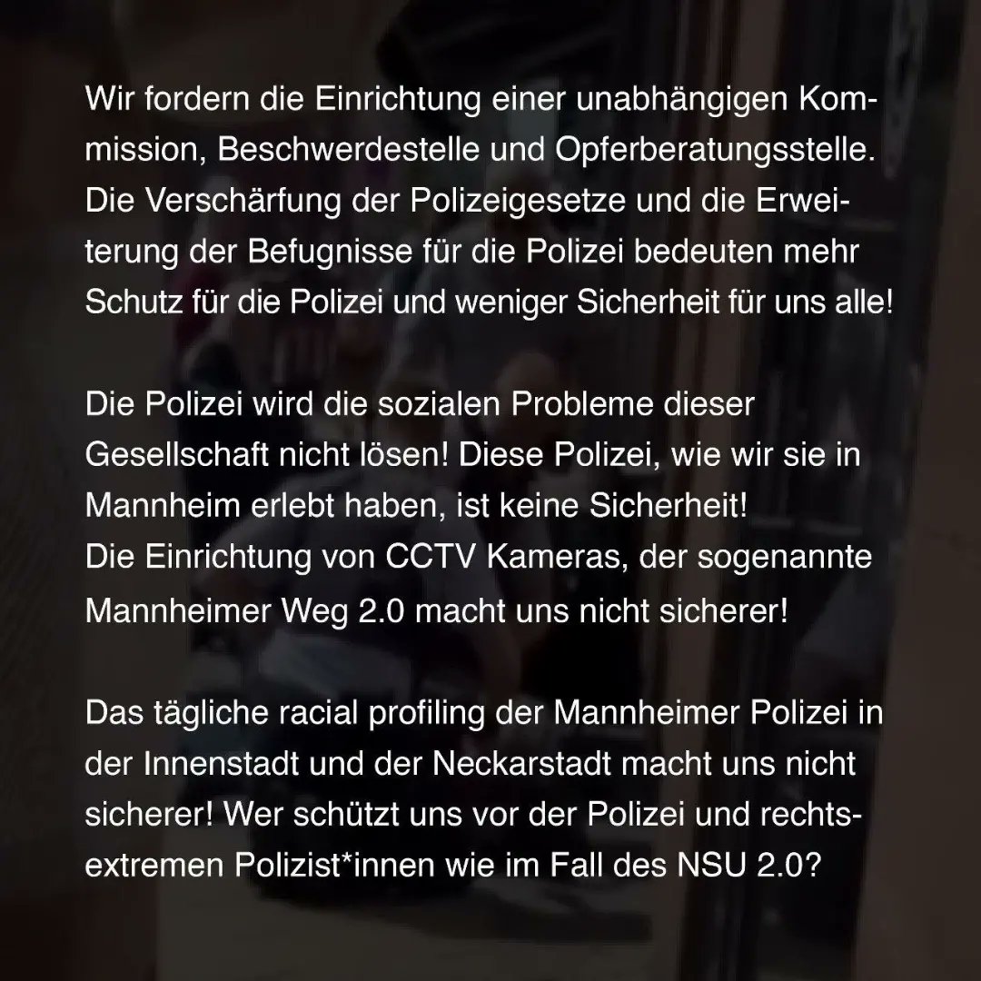 Kommt zur Demonstration am Samstag, den 7.5. nach Mannheim auf den Marktplatz.

Stoppt die Polizeigewalt!

#Mannheim #nojusticenopeace #Mannheimdaswarmord #Polizeigewalt

(1/2)