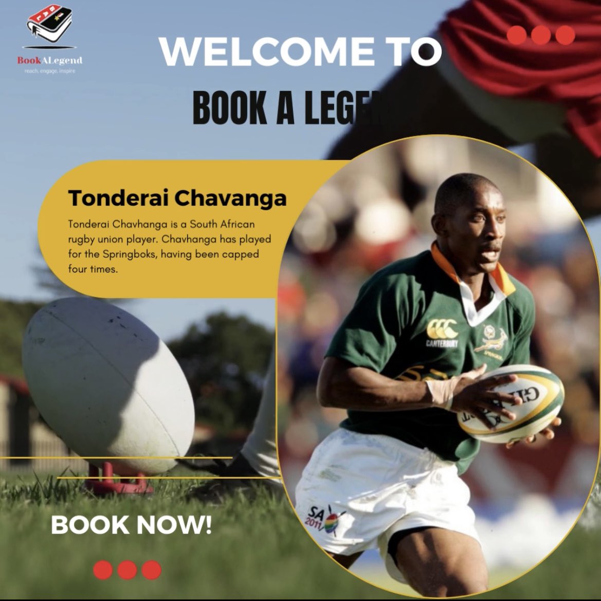 legend_book's tweet photo. WE HAVE ANOTHER LEGEND TO INTRODUCE!

Tonderai Chavanga!

Tonderai has had an exceptional career, one that has taken him to great heights!

Why not book Tonderai to learn more about what he’s done and the journey he’s been on.

.

.

.

#bookalegend #springboks #rugby #speaker https://t.co/KvQyQZjRGT