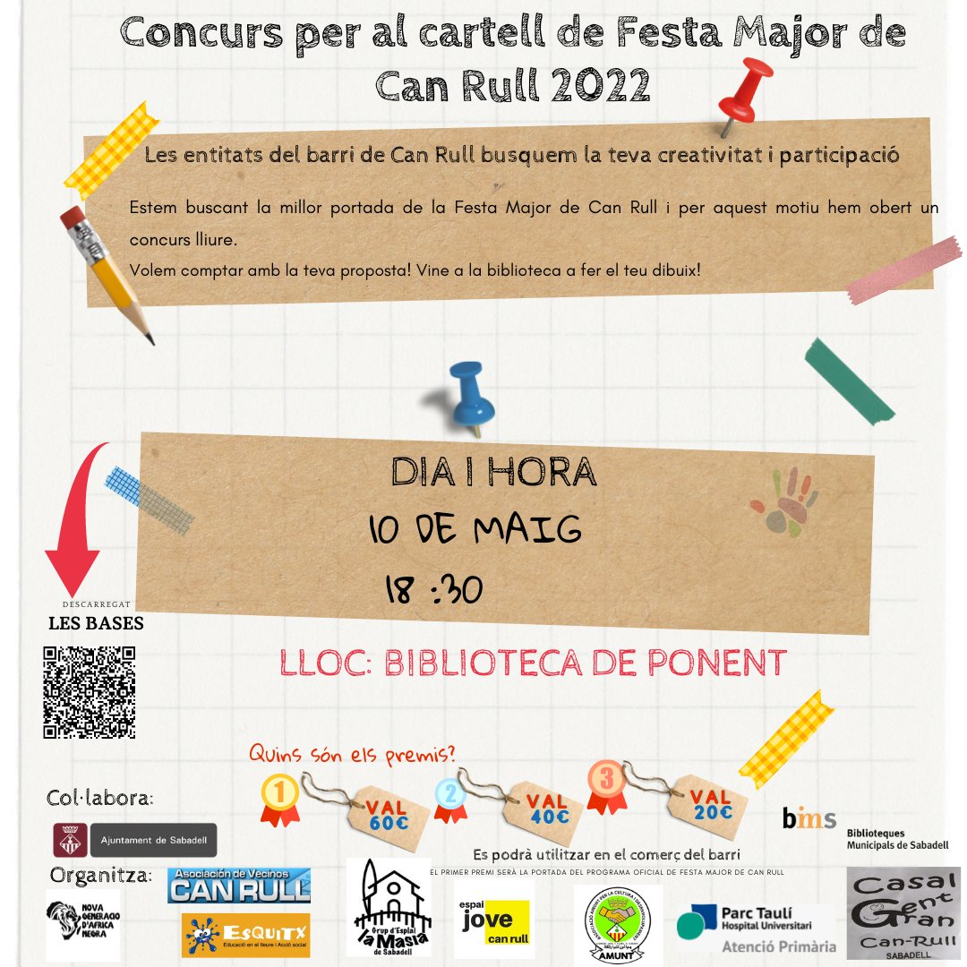 BUSQUEM DIBUIX PEL PROGRAMA DE FESTA MAJOR DE CAN RULL. 
Dimarts 10 de maig, a les 18.30h, veniu a la #biblioteca de  Ponent a fer el vostre dibuix!  🖌️✏️
🧒 👴 Totes les edats!