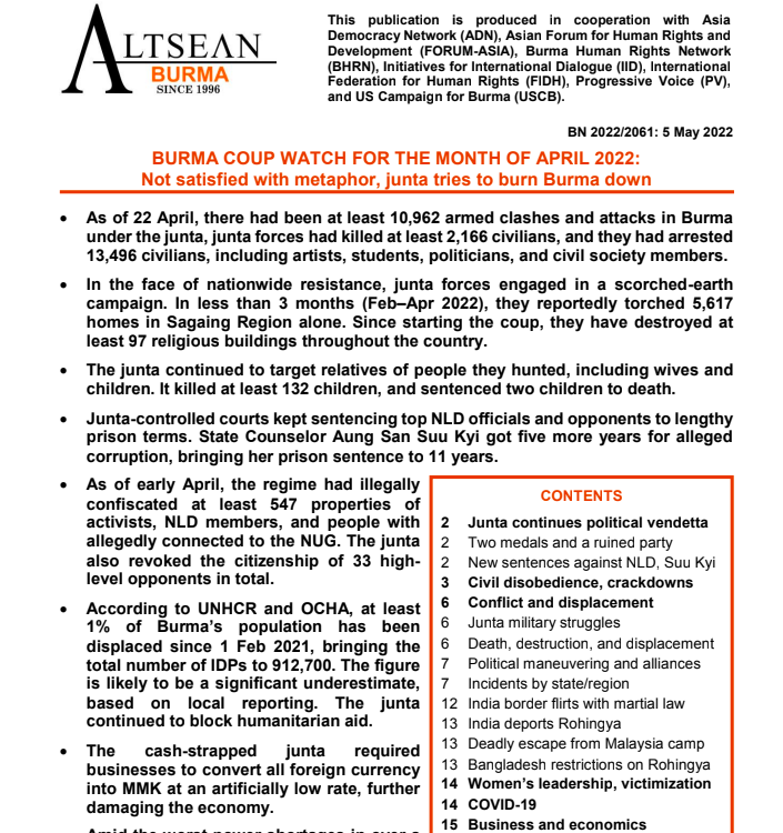 🔔Latest ALTSEAN #CoupWatch (Apr)

'Not Satisfied With Metaphor, Junta Tries to Burn Burma Down'
 
🔗Read the full briefer: bit.ly/381WMcy

📝Sign up to our mailing list: eepurl.com/bE2nRT

🙏Thx to
<a href="/BHRNUK/">BHRN</a>
<a href="/IIDonline/">IID 🕊️⚖</a>
<a href="/fidh_en/">FIDH</a>
<a href="/PVamplify/">Progressive Voice</a>
<a href="/uscb/">US Campaign 4 Burma</a>
<a href="/adn_asia/">Asia Democracy Network</a>
<a href="/forum_asia/">FORUM-ASIA</a>