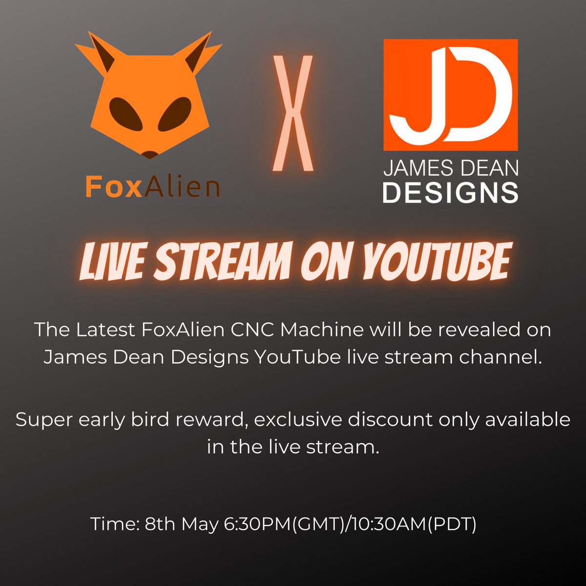 FoxAlienCNC's tweet photo. The latest FoxAlien CNC machine is coming. Please subscribe to James Dean Designs YouTube channel to get the chance to win the super early bird reward. #cnc #cncmachine #cncrouter #desktopcnc #laserengraver https://t.co/m9v2kfqdL6