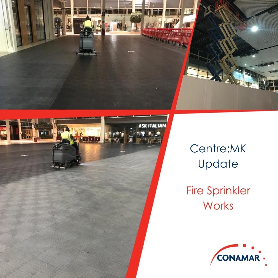 ConamarBuild's tweet image. Conamar on site at Centre: MK completing works on the fire sprinkler system in this modern grade 2 listed building. Working out of hours and with complete floor protection, there is lots of cleaning to do every morning before the shopping centre opens.