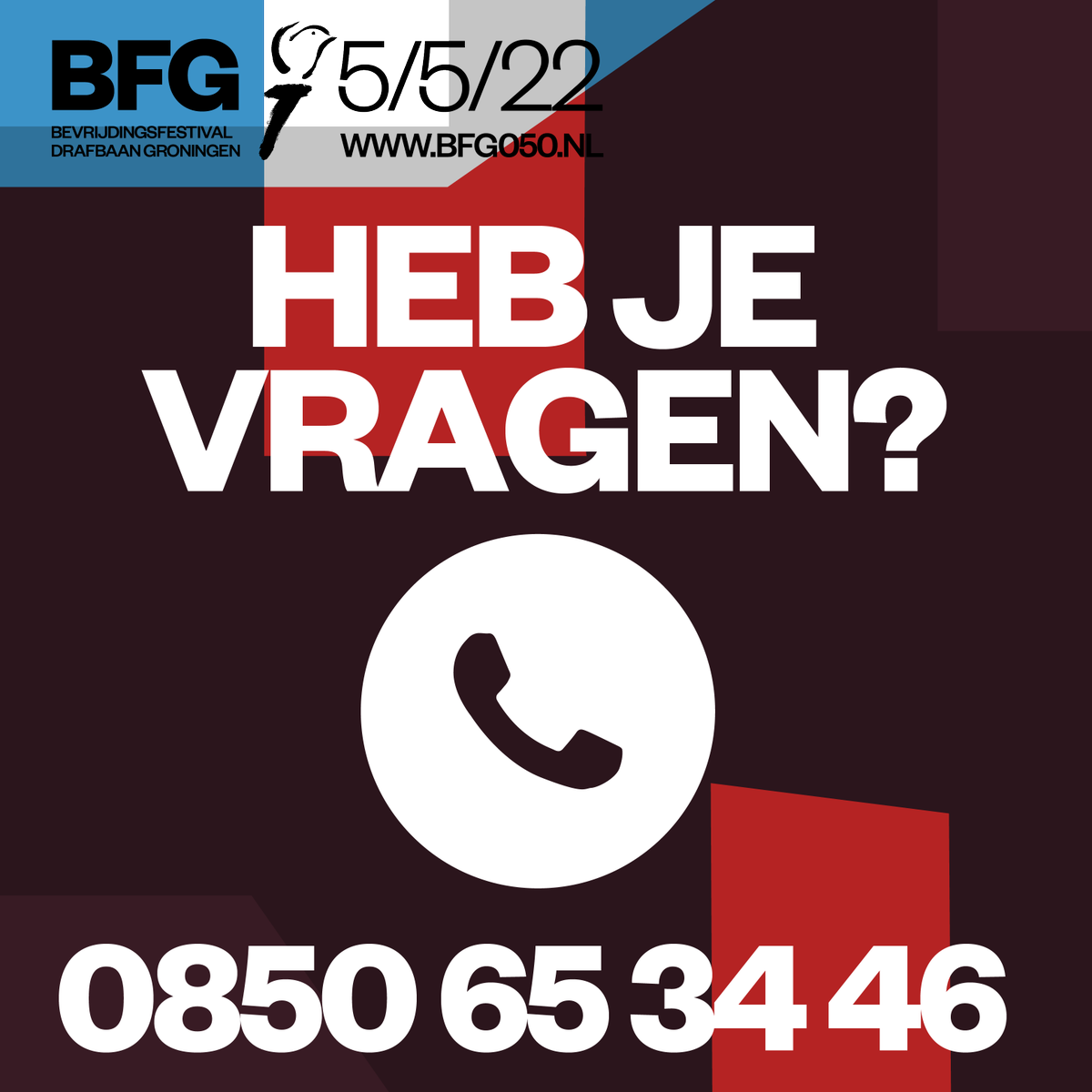 Heb je vragen? Je kan ons bellen via: 0850 - 653446

#bfg050 #bevrijdingsfestivalgroningen #5mei