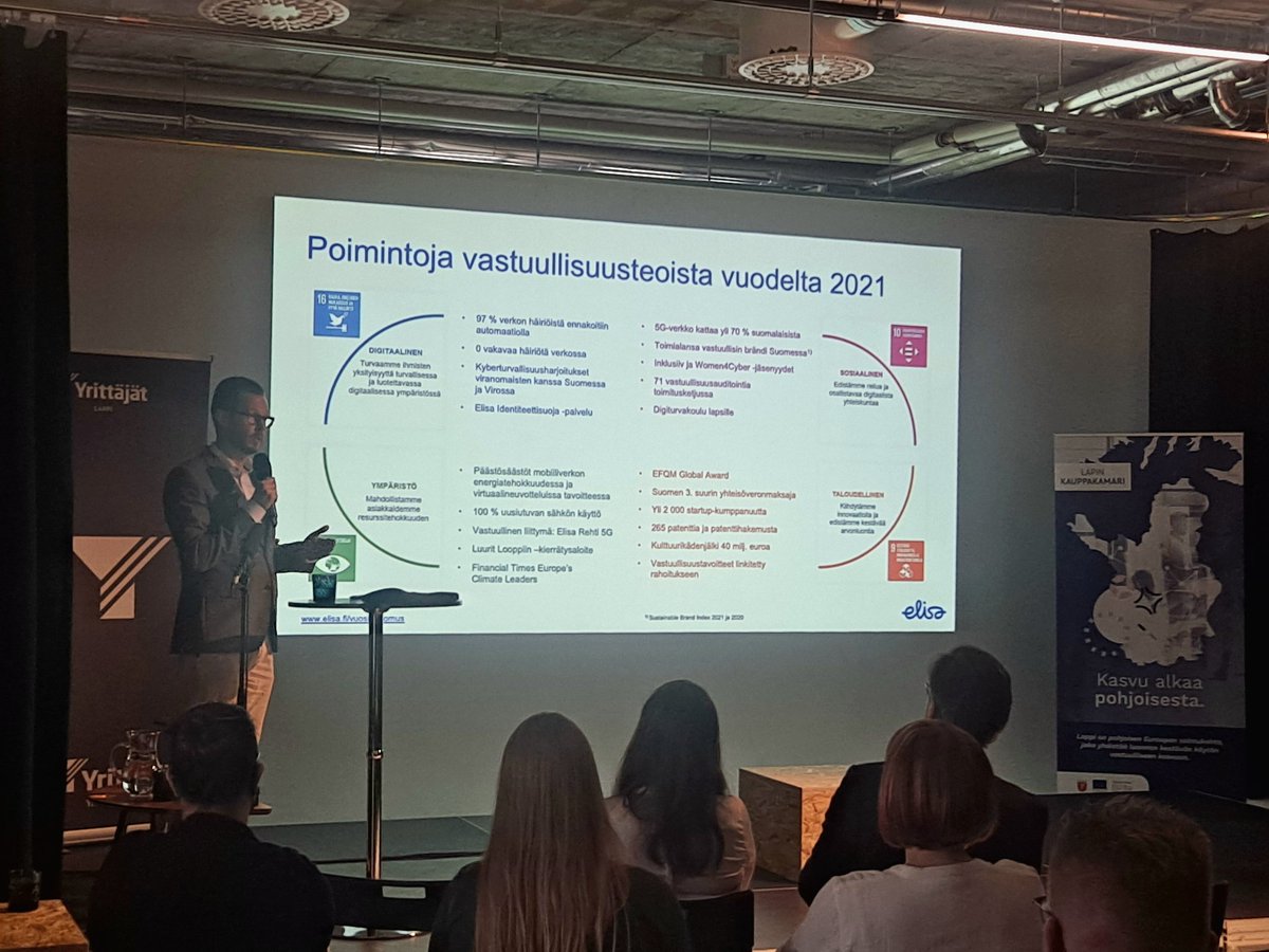 Mitä vastuullisuus on yrityksissä käytännössä? 
Aluejohtaja <a href="/JarmoMikkola/">Jarmo Mikkola</a> esitteli <a href="/ElisaOyj/">Elisa</a> 'n konkreettisia toimia Kestävää kasvua vastuullisesti -seminaarissa.