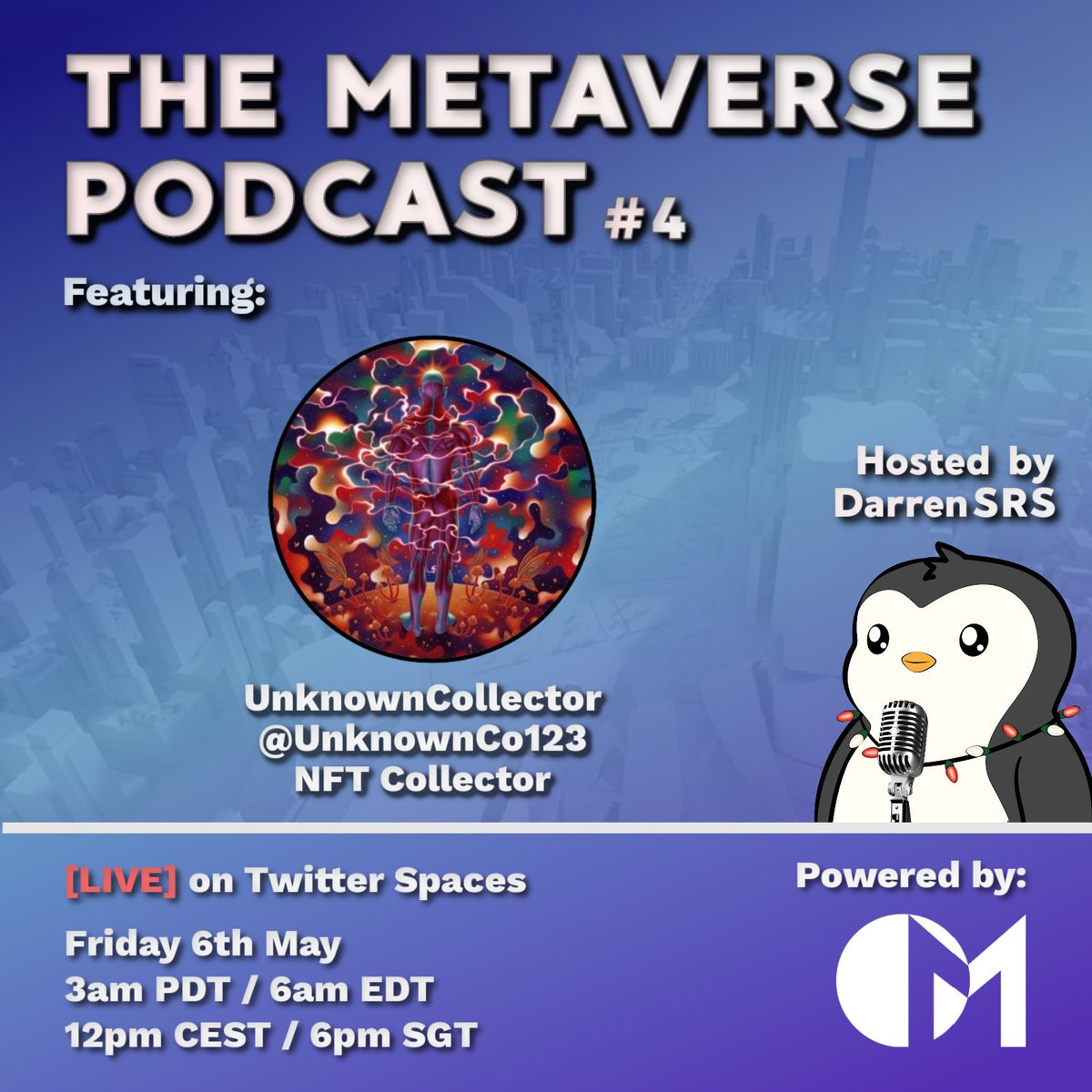 DarrenSRS's tweet photo. Join @UnknownCo123 and myself tomorrow 12pm CEST for the next episode of The Metaverse Podcast! 

We'll be discussing 1/1 art collecting, NFT collectibles and more, so don't miss out. See you then! https://t.co/U2UdnOSUeh