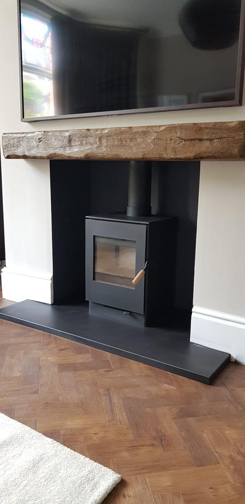 Such a lovely, clean look with slate hearth, Burley wood burner <a href="/burleyfires/">Burley Appliances Ltd</a> finished with an aged beam 🔥🔥