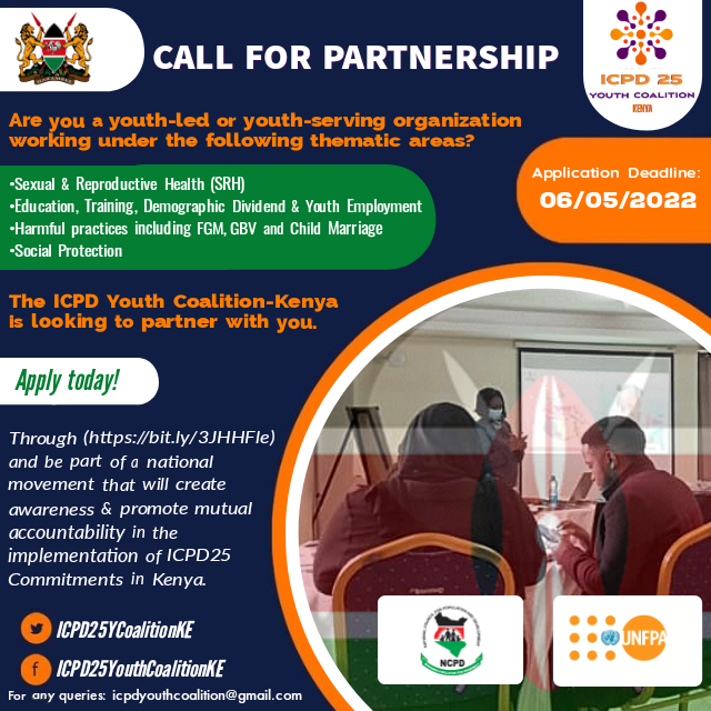 Icpd25YouthKE's tweet photo. The #ICPD25 Youth Coalition - Kenya is calling for partnership with like-minded, youth-led and youth serving organizations, interested to join the coalition to apply today via https://t.co/60N7HUJxED 

Deadline for application: 06/05/2022

#AccelerateThePromise #TheMarchContinues https://t.co/UfpM8yd9xA