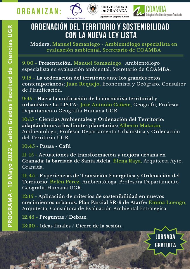 📣 #JornadaDebate | Ordenación del Territorio y Sostenibilidad con la nueva Ley #LISTA
◾️ 19 mayo (09:00-14:00)
◾️ Facultad de Ciencias #Granada
◾️ Inscripción gratuita
🔗 coamba.es/jornada-de-deb…
¡Te esperamos!
#SomosCOAMBA