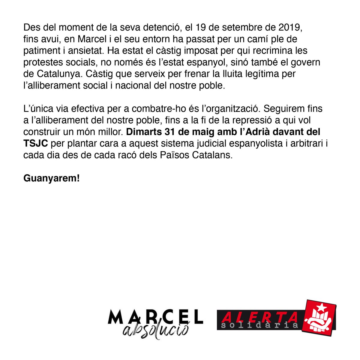 ⚠️ Rebaixada la condemna al <a href="/MarcelVR1/">Marcel Vivet Regalón</a> 

En Marcel no entrarà a la presó❗️

🍾Felicitats a totes les que heu fet costat al <a href="/marcelabsolucio/">Marcel Absolució</a> ! Ens trobarem AVUI, a les 19h30, a la plaça de la Vila de Badalona

Seguim, seguirem. Guanyarem!