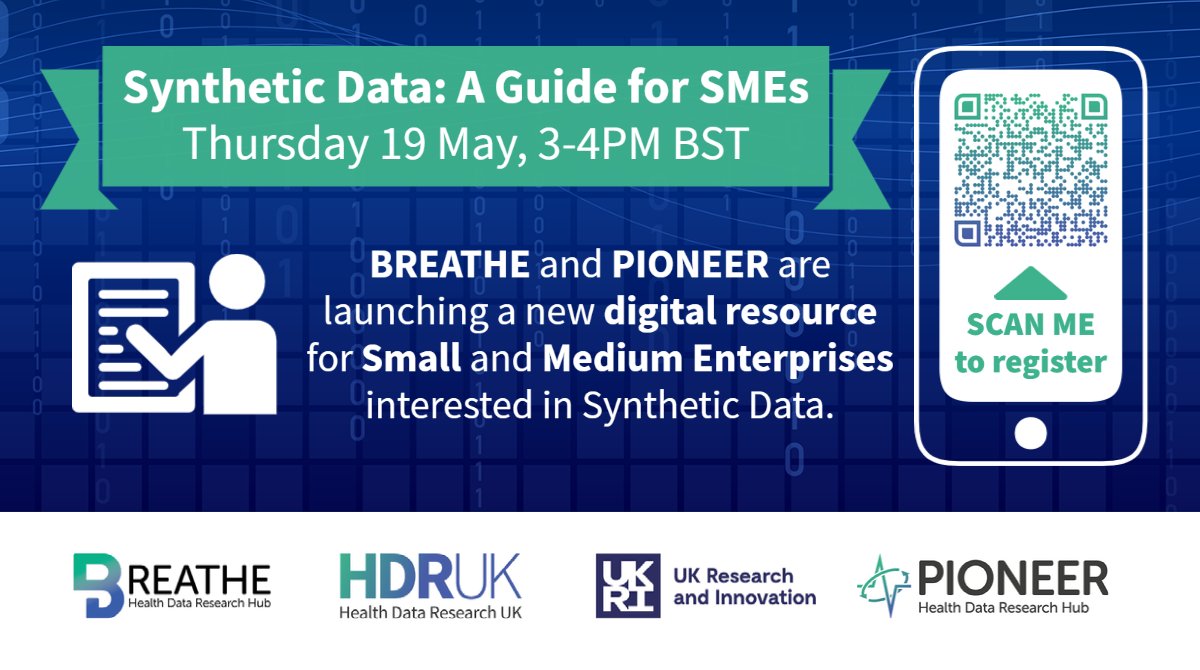 pioneer_hub's tweet photo. Working with @BREATHEdata and funded by @innovateuk, we've developed a 🆕digital resource for SMEs interested in Synthetic Data. 

Join us for our launch event and Q&amp;A on🗓️19 May at 🕒3pm and discover the opportunities for your business!

🎫👉https://t.co/cbbfKkmaHs #HealthData https://t.co/N34WbfZKWL