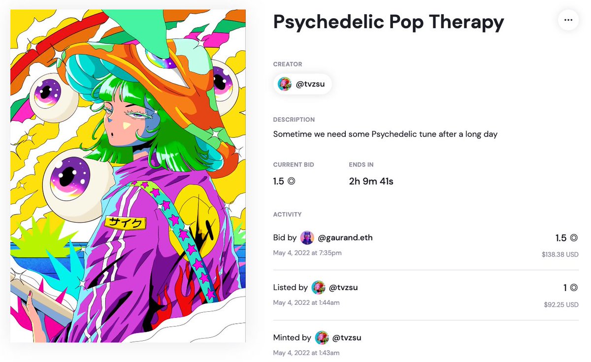 tvzsu's tweet photo. 💥 Reminder
Psychedelic Pop Therapy
only 2 hours left 🔥🔥🔥

current bid 1.5 ◎ SOL
https://t.co/RiAKb3lCUa

#NFT #NFTCommunity #Solana #SolanaNFT https://t.co/aoANYCAR4b