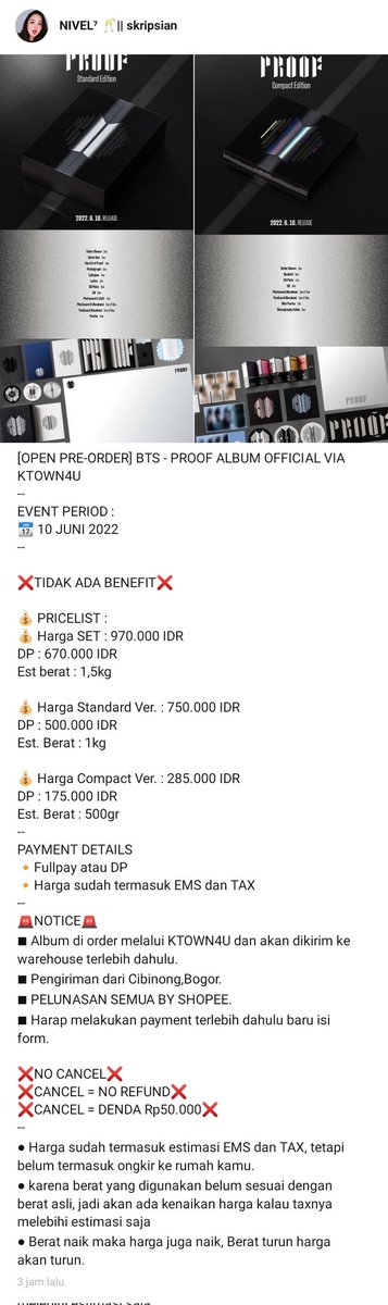 goldenmochi0113's tweet photo. OPEN CICILAN DP BTS - PROOF ALBUM OFFICIAL

NYICIL SAMPAI TGL 9 JUNI
START FROM 200K (Standard &amp; Fullset)
START FROM 50K ( Compact Ver.)

POKOKNYA TGL 9 ITU DP SUDAH FULL

JOIN G.O AKU YA
LINK ADA DI REP 😚 https://t.co/6kcYAeA3Py