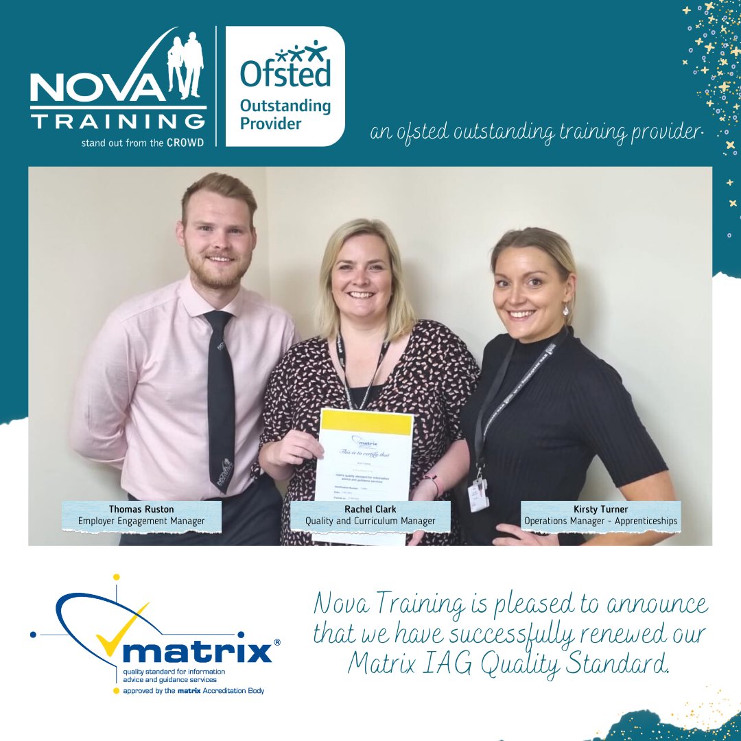 novatraining's tweet photo. Nova Training is pleased to announce that we have successfully renewed our Matrix IAG Quality Standard.
@matrix_Standard #Matrix #MatrixStandard #Careers #EarnWhileYouLearn #Training #Courses #Apprenticeships #standoutfromtheCROWD #NovaTraining https://t.co/LUE0PLsndW