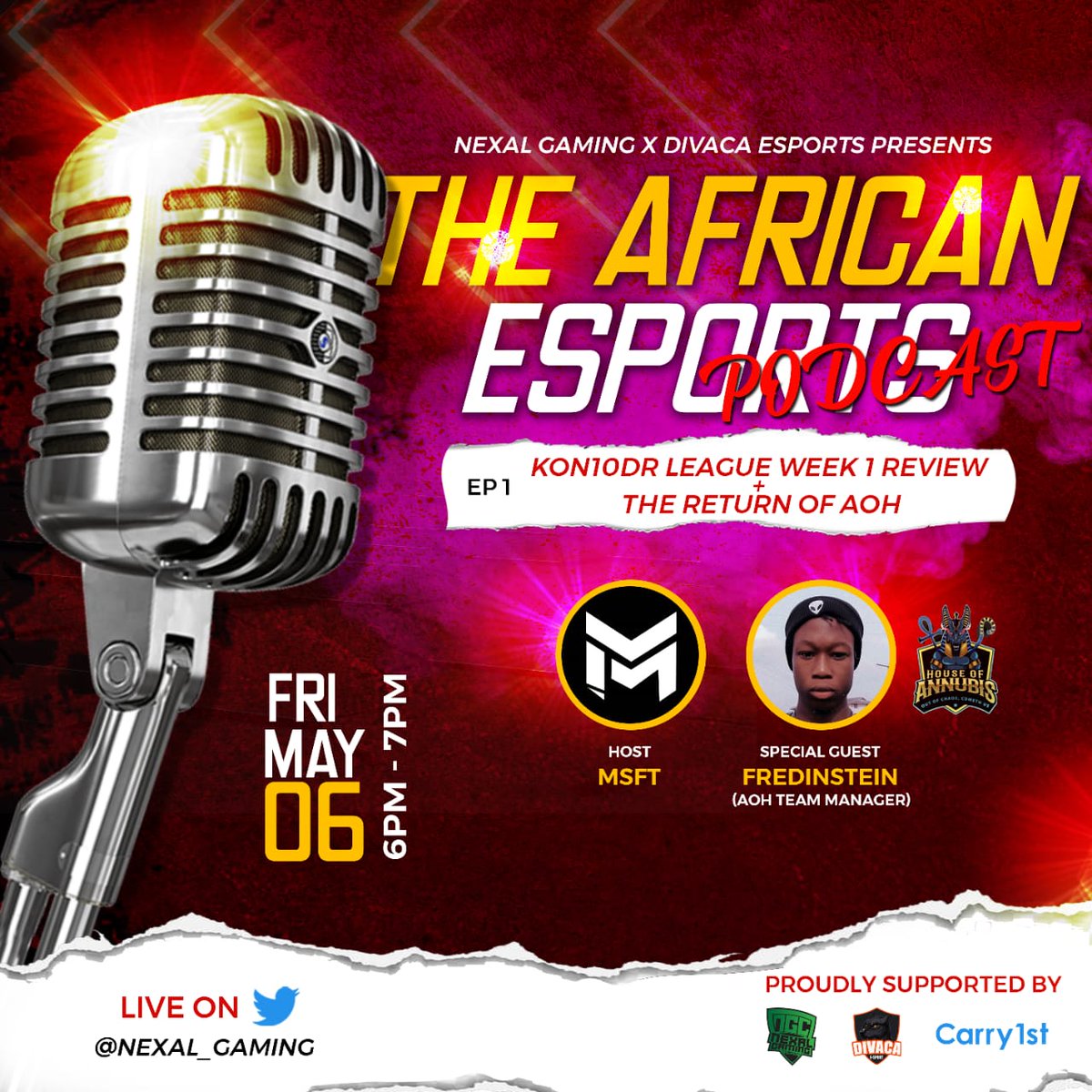 AFRICAN ESPORTS PODCAST - we'll discuss  performances of the KON10DR Super League and also cover AOH's Return to the African Comp SceneThe Podcast holds this Friday from 6pm to 6:45pm and is brought to you by Divaca Esports and Nexal Gaming

 Twitter here:
x.com/Nexal_Gaming