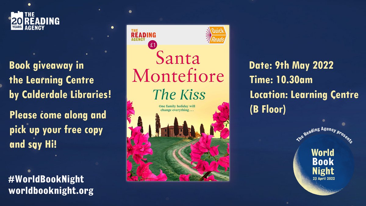 CalderdaleLRC's tweet photo. Join us today. We’re hosting @WorldBookNight event with @CMBClibraries . The team will be gifting copies of The Kiss by @SantaMontefiore @CalderdaleLRC.
Come along to get a free book and see what's on offer.
#WorldBookNight #readingforpleasure #quickreads #CMBClibraries https://t.co/xAdZ82fm8K