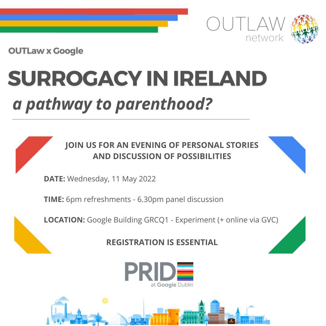 OUTlaw_Network's tweet photo. 🌟 SURROGACY IN IRELAND 🌟

Join us on Wednesday 11 May at 6pm in the Google Building GRCQ1 for a discussion on surrogacy in Ireland + whether it represents a realistic path to parenthood. https://t.co/Hb2A7oKlGR