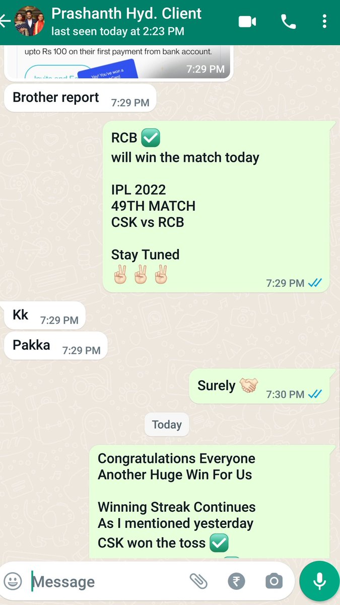 AskMeReport's tweet photo. Congratulations Everyone 
Another Huge Win For Us

Winning Streak Continues 
As I mentioned yesterday 
CSK won the toss ✅
RCB won the match ✅

Boom Boom
✌🏻😎✌🏻

#iplprediction 
#TATAIPL2022 
#RCBvCSK https://t.co/wUSiW4dPRl