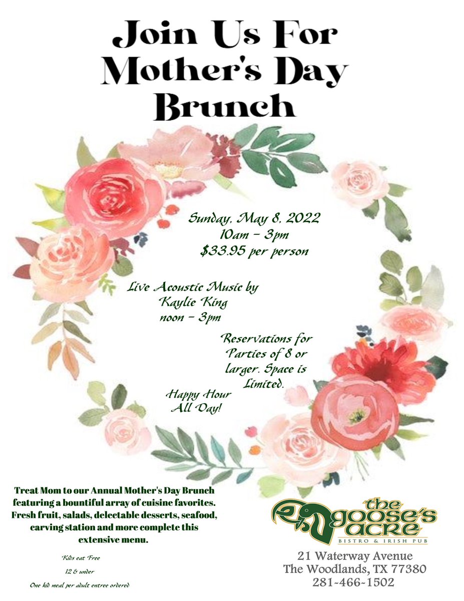 TheGoosesAcre1's tweet photo. #AllYouCanEat 
#MothersDay #Brunch 10A-3P

#KidsEatFree 12 &amp; Under
1 kid’s meal per Adult entree

Special Menu

#acoustic #music 12P-3P
#Mimosas #BloodyMarys

Brunch on #TheWaterway 

#WoodlandsWaterway

#MothersDayBrunch 🥂#Brunching  #LiveMusic #breakfast #lunch #TheWoodlandsTX https://t.co/WxjrHGupGJ
