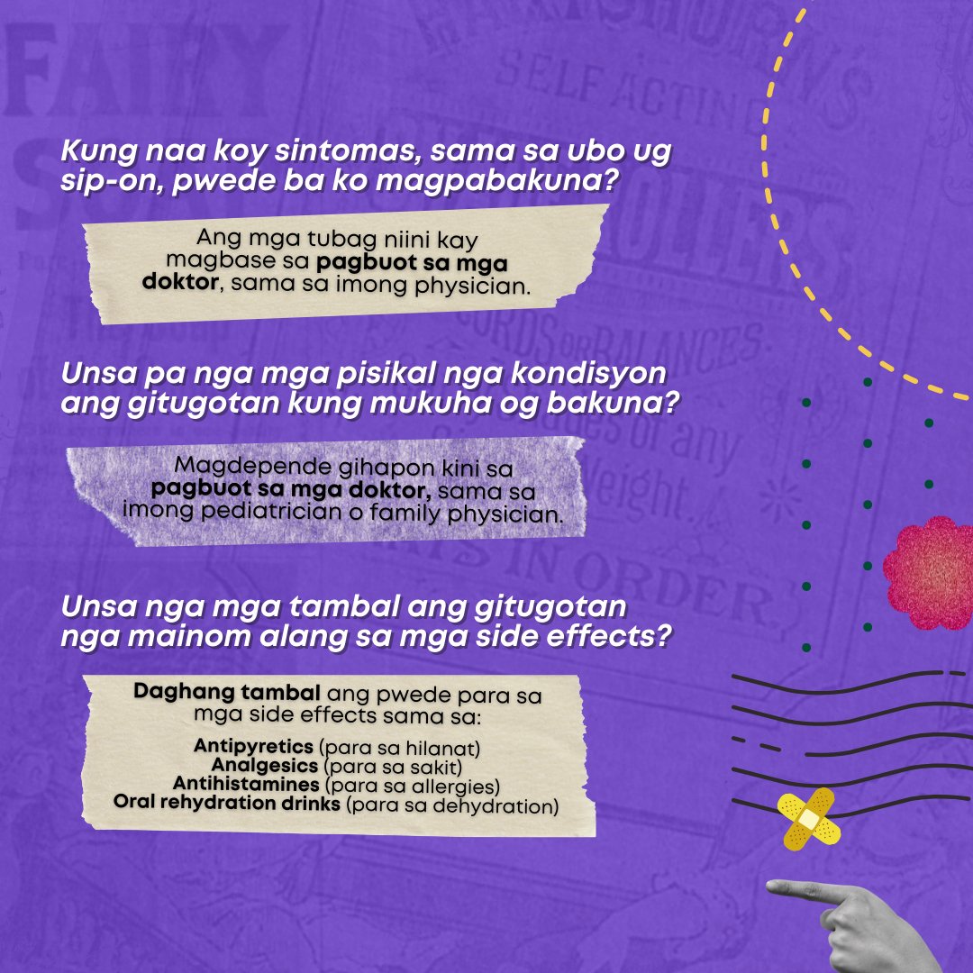 VacHandaTayo's tweet photo. ❝NORMAL RA BA KINI NGA MGA EPEKTO SA PAGPABAKUNA?🤔❞ 

𝗩𝗮𝗰𝗛𝗮𝗻𝗱𝗮 na ba mo sa dugang kasayoran sa pagpabakuna kontra COVID-19? Pinaagi sa pagkaylap og makatuohan nga insaktong impormasyon gikan sa 𝐂𝐢𝐭𝐲 𝐇𝐞𝐚𝐥𝐭𝐡 𝐎𝐟𝐟𝐢𝐜𝐞, dungan kita magkat-on

[1/4] https://t.co/vfZVb75DJo