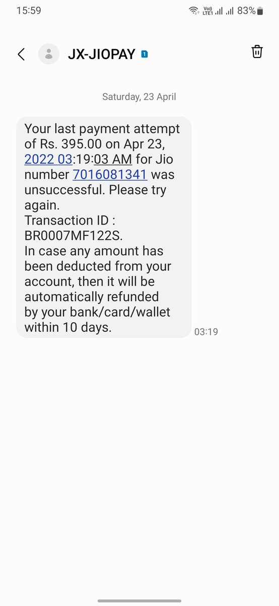 FYagsha's tweet photo. @PhonePeSupport 
I have done a recharge on 23/04/22 by MyJio App of R.395. The amount was deducted from my account but recharge was unsuccessful and received the msg that I'll get it back within 10 days. But I have not received my amount yet. https://t.co/REZaCbWcRx