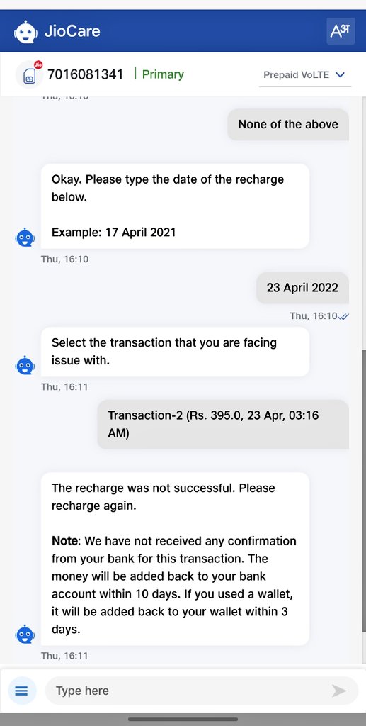 FYagsha's tweet photo. @PhonePeSupport 
I have done a recharge on 23/04/22 by MyJio App of R.395. The amount was deducted from my account but recharge was unsuccessful and received the msg that I'll get it back within 10 days. But I have not received my amount yet. https://t.co/REZaCbWcRx