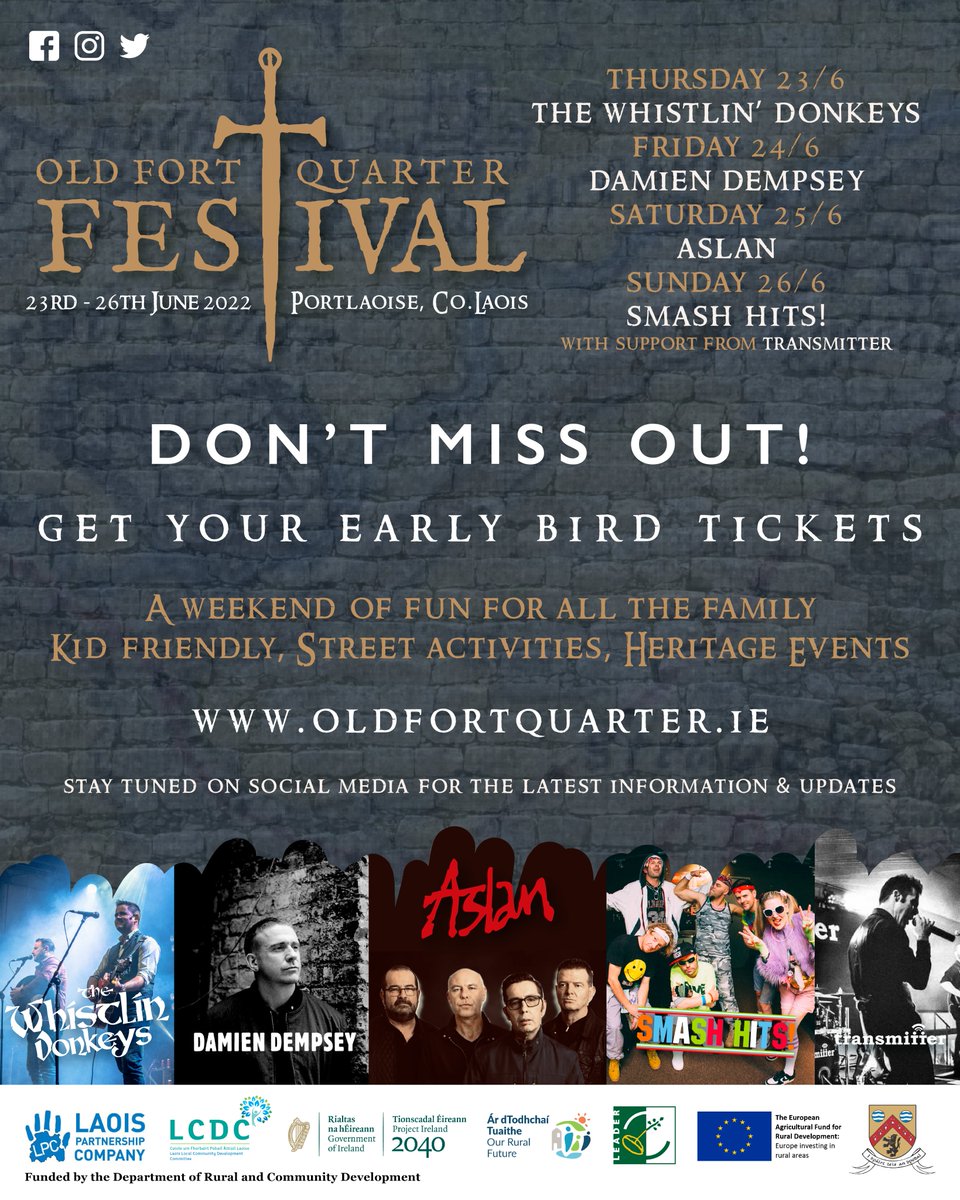 TICKETS ON SALE TOMORROW!! 
Early Bird tickets will go on sale at 9AM via oldfortquarter.ie tomorrow Friday May 6th for the Old Fort Quarter Festival 2022 ⚔️
Stay tuned on social media for the latest information and updates.
Ticket sales managed by Dunamaise Arts Centre.
