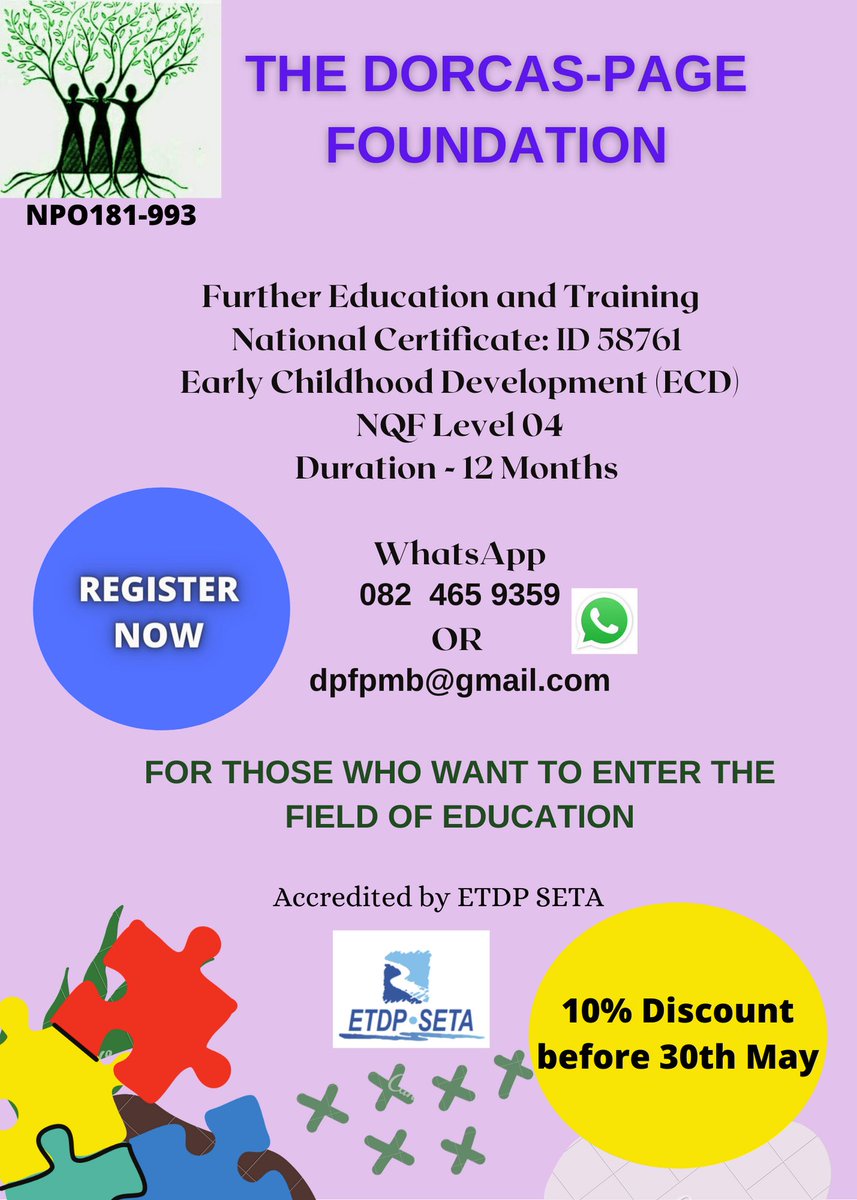 Do you have a passion for children and see yourself in a classroom environment? We are offering an exciting opportunity for all interested in career in Early Childhood Development. The Registration fee is R500 and a copy of your certified ID, Matric/Last School Report.