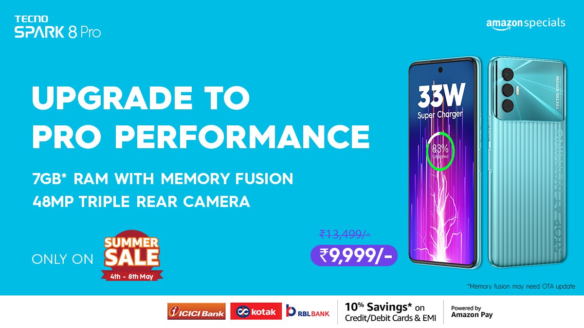 TecnoMobileInd's tweet photo. It’s time to go pro, summer sale offers now LIVE on @amazonIN on your favourite TECNO Smartphones.
Shop Now: https://t.co/qplxnYU3V2
#TECNO #StopAtNothing #TECNOMobile #Spark8Pro #summersale https://t.co/VlWRdyzpBB