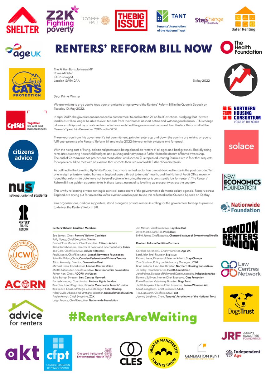 Today, a broad coalition of organisations have come together to call on the Prime Minister to bring forward the Renters' Reform Bill in next week's Queen's Speech. Three years on from the government’s first commitment, #RentersAreWaiting for unfair evictions to end for good.