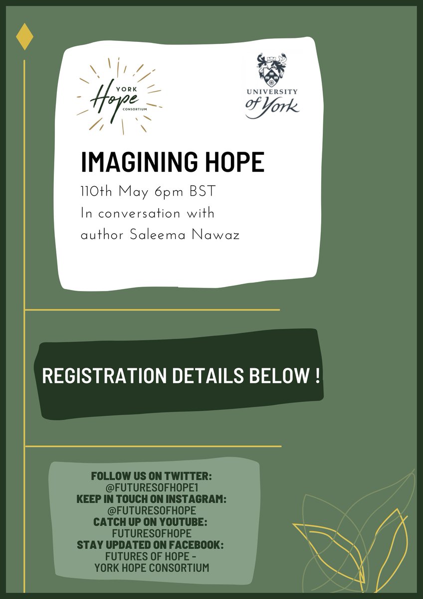 ‼️ Join us for this fantastic talk with author 
<a href="/SaleemaNawaz/">Saleema Nawaz</a>
 imagining #Hope!  

🗓️on May 10th 6 PM (BST) 

📝Register here: york.ac.uk/news-and-event…

- <a href="/IndrajitRoyYork/">Prof. Indrajit Roy 🇮🇳 @indrajitroy.bsky.social</a> <a href="/clarachambara/">Claire Chambers @clarachambara.bsky.social/</a> <a href="/JoyAgnost/">Sanjoy Bhattacharya</a>
<a href="/ArnabChakrborty/">Arnab Chakraborty</a> <a href="/mel_jw__/">mel (she/her)</a> <a href="/uniyorkpolitics/">Department of Politics and International Relations</a>
<a href="/York_IGDC/">York Interdisciplinary Global Development Centre</a>