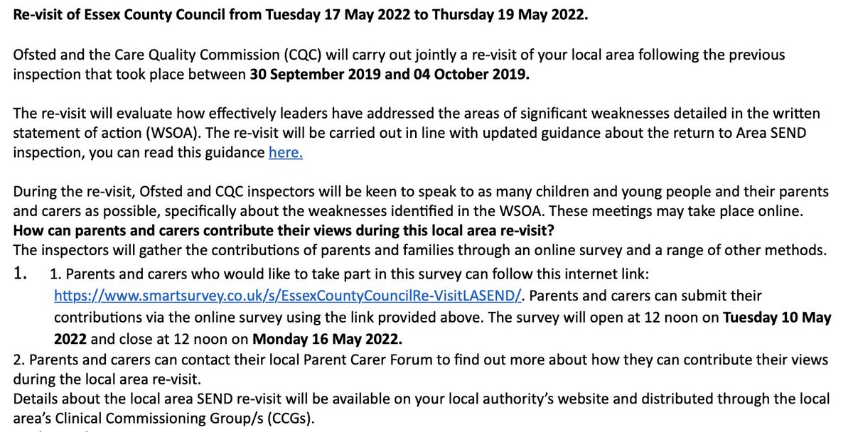 Special Needs Jungle (@spcialndsjungle) on Twitter photo ESSEX LA SEND Inspection REVISIT 17-19 MAY after it failed its 2019 Ofsted/CQC visit. Feedback survey: smartsurvey.co.uk/s/EssexCountyC… open 12pm Mon 10/5-12pm Fri 16/5. Feedback email: Lasend.Support@ofsted.gov.uk.
Ask your PCF for open meeting info essexfamilyforum.org ESSEX LA SEND Inspection REVISIT 17-19 MAY after it failed its 2019 Ofsted/CQC visit. Feedback survey: smartsurvey.co.uk/s/EssexCountyC… open 12pm Mon 10/5-12pm Fri 16/5. Feedback email: Lasend.Support@ofsted.gov.uk.
Ask your PCF for open meeting info essexfamilyforum.org