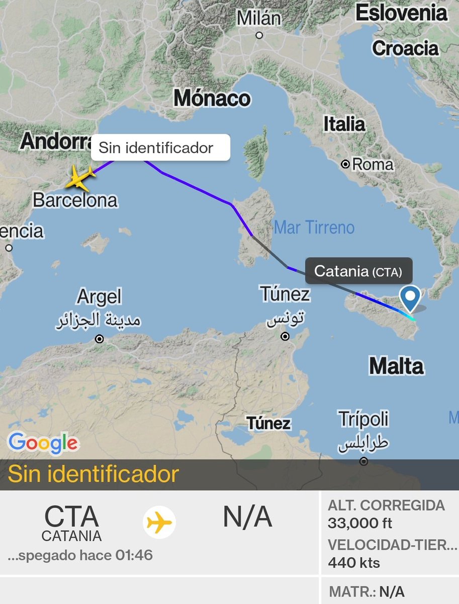 FlightradarCAT's tweet photo. Creua la vertical de Barcelona un aviรณ militar dels Estats Units sense identificar procedent del sud d'Itร lia. Pel que trobo per internet รฉs molt probable que sigui un Boeing P-8 Poseidon de la US Navy #ae67ab #transitaeri #transitaeriCatalunya https://t.co/w8opx8tqTR