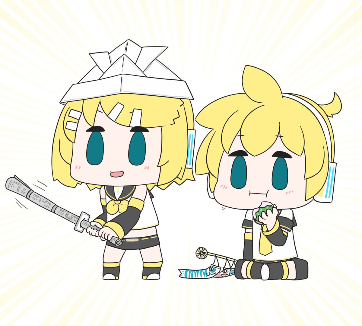 鏡音レン ,鏡音リン 「₍₍⚔️₎₎ ₍₍🎏₎₎

#鏡音リン #鏡音レン 」|はつねネガメのイラスト