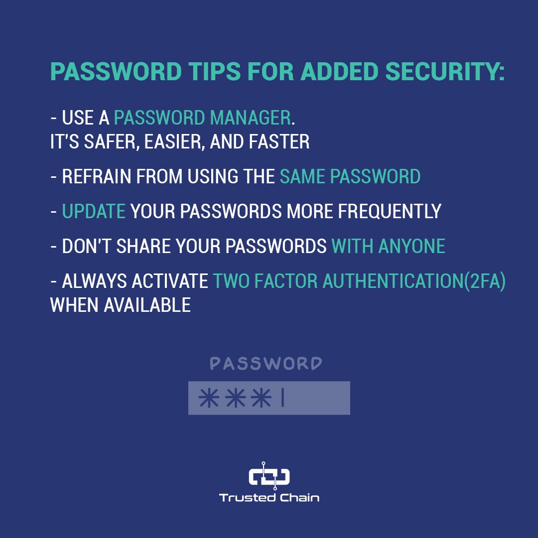 TrustedChainSA's tweet photo. Happy World Password Day 🔐

On this day, we share with you some facts and tips to make your passwords stronger and safer.

#worldpasswordday #passwordday #facts #passwordstrength #trustedchain #saudiarabia #ksa https://t.co/QzK9gQNiRi