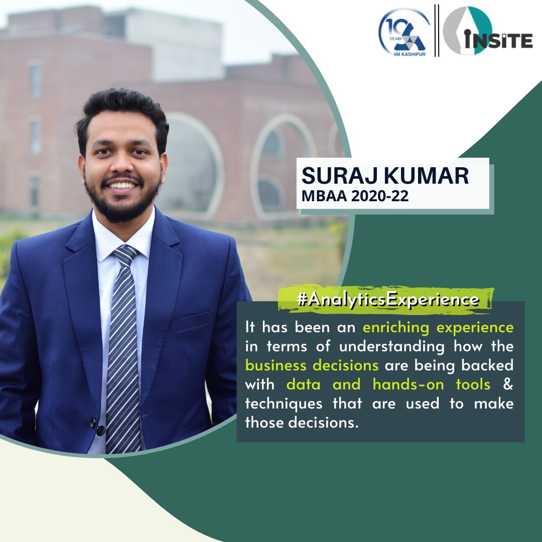 IIMKsp's tweet photo. Hear out 𝐒𝐮𝐫𝐚𝐣 𝐊𝐮𝐦𝐚𝐫 from the 𝐌𝐁𝐀𝐀 𝟐𝟎𝟐𝟎-𝟐𝟐 batch sharing his key takeaways from the program.
#IIMKashipur #IIMKsp #MBAAnalytics #IIMInTheNorth #Analytics #10YearsOfIIMKashipur #businessanalytics #mbaanalytics https://t.co/5bVSn3UFQC