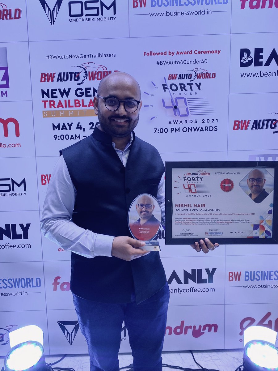 ohmmobility1's tweet photo. Our founder &amp; CEO, Nikhil Nair, wins the Business World Auto 40 under 40 award!

The award honors top forty young entrepreneurs, innovators, manufacturers &amp; disruptors in the Indian Automotive Sector under the age of 40.

Awarded by Mr. @nitin_gadkari
@BWBusinessworld #40under40 https://t.co/SYgxPmD5Qw