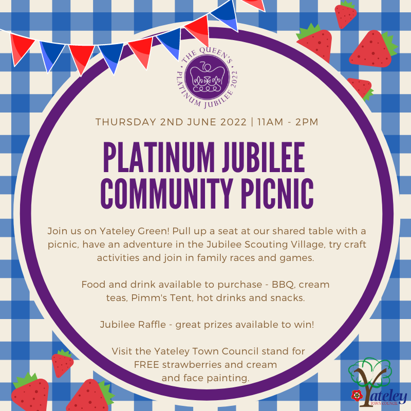 4 WEEKS TODAY until our Platinum Jubilee events! We can't wait for you to join us on Thurs 2nd June - the Platinum Jubilee Community Picnic at 11am &amp; the Platinum Jubilee Beacon Lighting Ceremony at 9pm. See our website for full info on our celebrations - yateley-tc.gov.uk/news-events/pl…